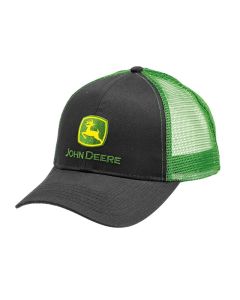 Czarna czapka John Deere z daszkiem i zieloną siatką