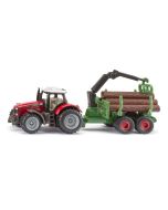 Metalowy traktor Massey Ferguson z przyczepą leśną od Siku