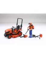 Zabawka modelu kompaktowego ciągnika Kubota BX2670 z kosiarkami i osprzętem w skali 1:32 od renomowanej firmy NewRay!